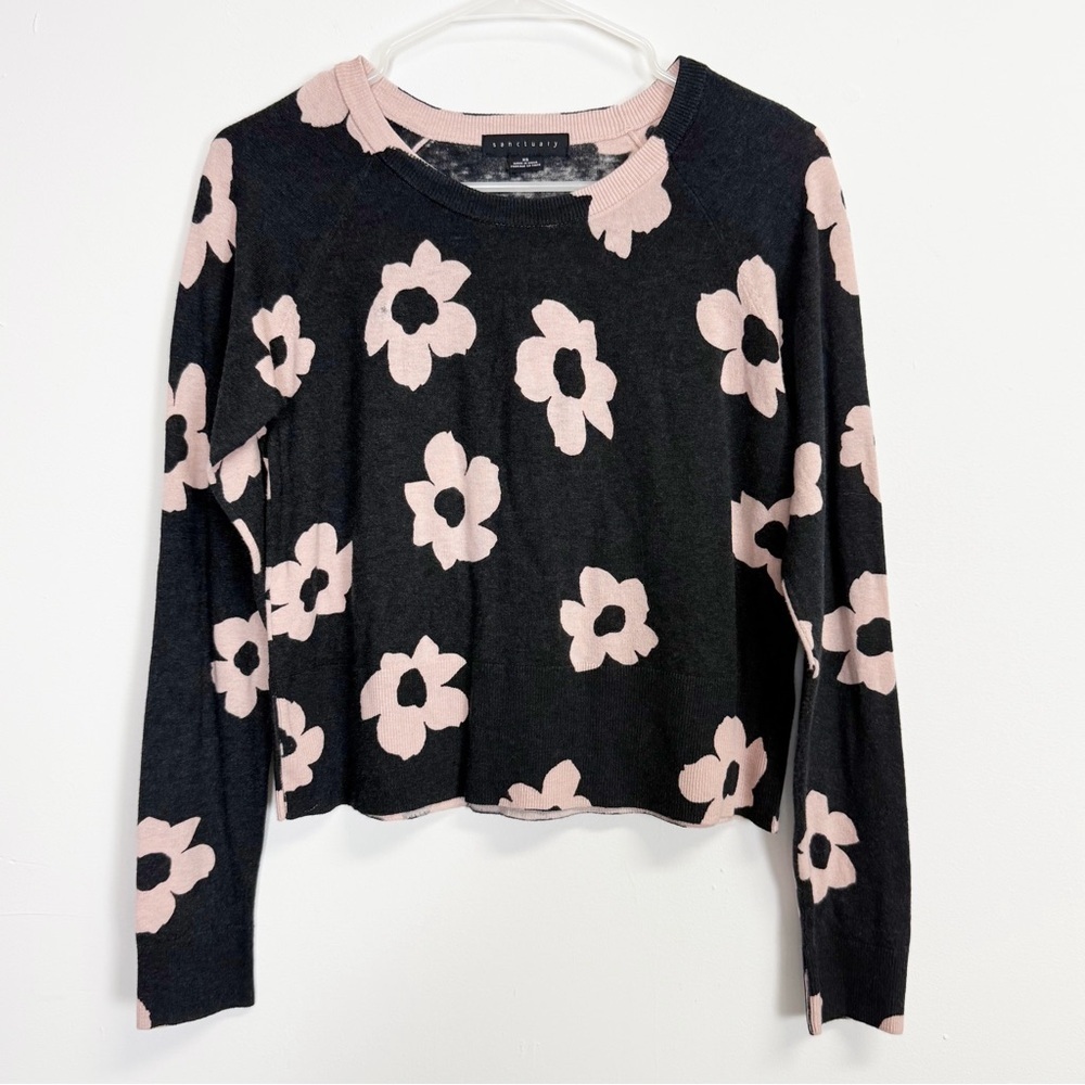 Sanctuary Sweater Womens XS Gray Pink Floral Crewneck Pullover Knit